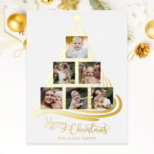 Carte De Vœux En Aluminium Arbre de Noël Gold Foil Famille Multiphoto