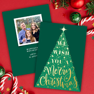 Carte De Vœux En Aluminium Arbre de Noël vert moderne Photo Or