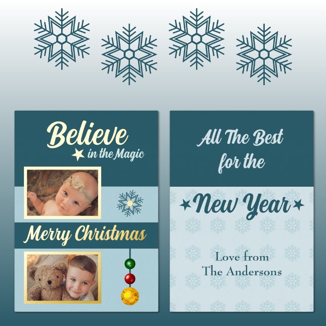 Carte De Vœux En Aluminium Baubles de Noël étoiles snowflèches photos bleu (Créateur téléchargé)