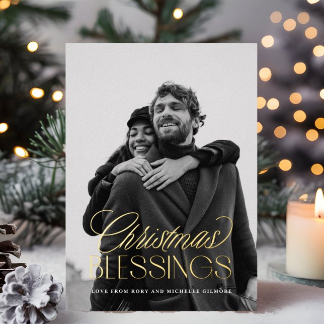 Carte De Vœux En Aluminium Bénédictions de Noël Texte élégant superposition 1 (Christmas Blessings gold foil text overlay Christmas photo card)