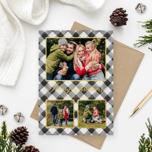 Carte De Vœux En Aluminium Black Buffalo Plaid Christmas Photo Collage