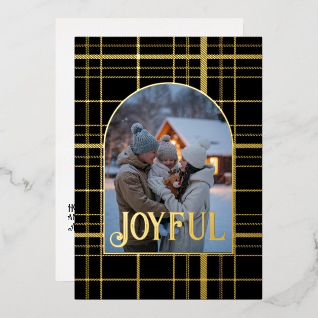 Carte De Vœux En Aluminium Black & Gold En vichy photo de Noël (Recto/Verso)