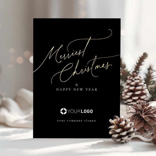 Carte De Vœux En Aluminium Black Minimal Script Merriest Christmas Company (Black Minimal Script Merriest Christmas Company Foil Holiday Card)