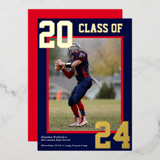 Carte De Vœux En Aluminium Bleu et rouge Varsity Graduation Photo