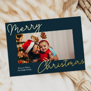 Carte De Vœux En Aluminium Blue Gold Calligraphy Joyeux Noël Simple Photo