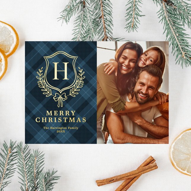 Carte De Vœux En Aluminium Blue Plaid Monogram Photo Christmas (Créateur téléchargé)