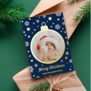 Carte De Vœux En Aluminium BlueSnowflakes & Gold Stars Joyeux Noël Bauble