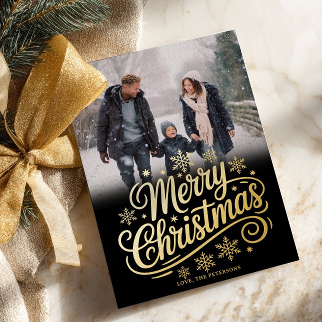 Carte De Vœux En Aluminium Bold Gold Snowflakes Script Merry Christmas Photo (Bold Gold Snowflakes Script Merry Christmas Photo Foil Holiday Card)