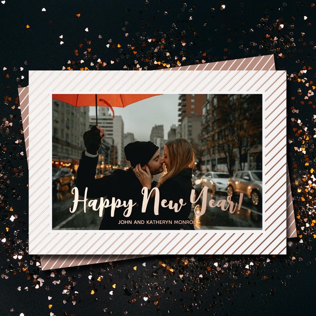 Carte De Vœux En Aluminium Bonne année Rose Gold Pinstripe (REAL FOIL rose gold pinstripes happy new year holiday cards)