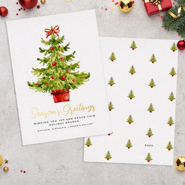 Carte De Vœux En Aluminium Bonnes Fêtes Élégant Aquarelle Arbre Script (Season's Greetings Elegant Watercolor Tree Script Foil Holiday Card)