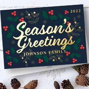 Carte De Vœux En Aluminium Bonnes Fêtes Moderne Holly Berries Foliage