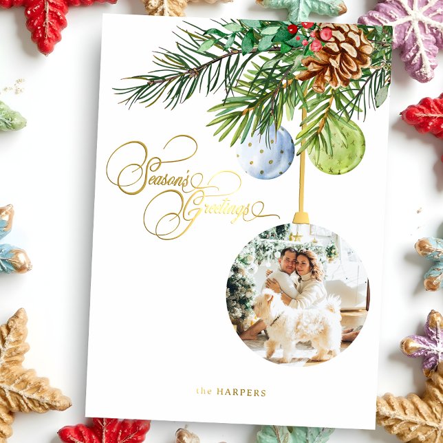 Carte De Vœux En Aluminium Bonnes Fêtes Pine Noël Ornement Photo (Créateur téléchargé)