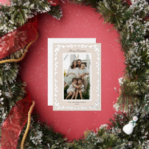 Carte De Vœux En Aluminium Bordure de houx et pin beige Photo Fêtes de Noël