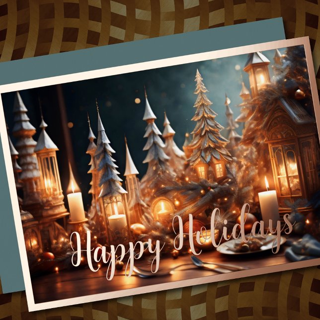 Carte De Vœux En Aluminium Bougies de Noël Village Gray Tablescape (Créateur téléchargé)