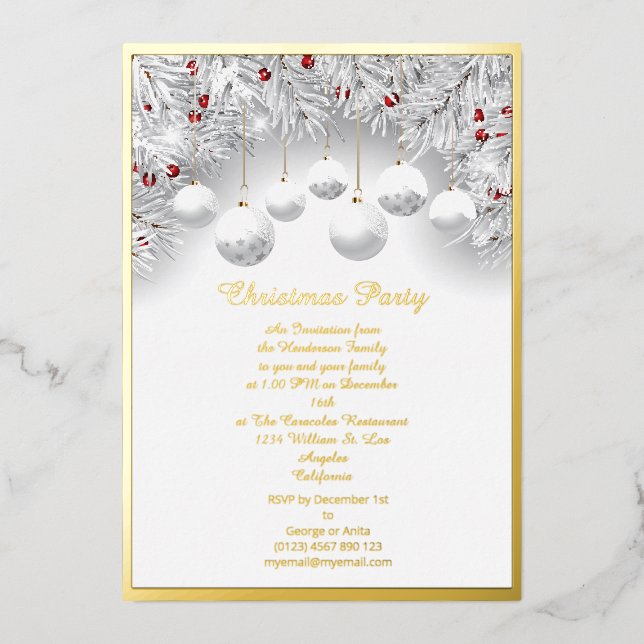 Carte De Vœux En Aluminium Boules de Noël en neige blanche véritable feuille  (Recto)