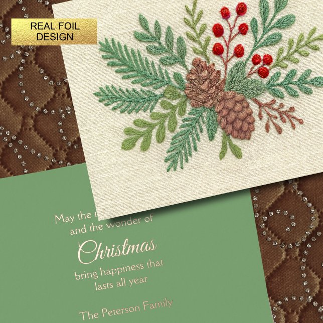 Carte De Vœux En Aluminium Broderie Noël Floral Sprig Pinecone Rouge (Créateur téléchargé)