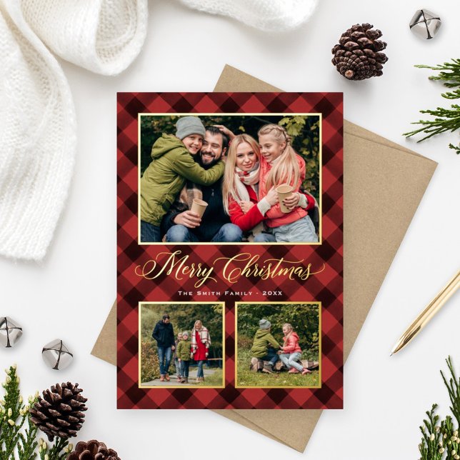 Carte De Vœux En Aluminium Buffle rouge moderne Plaid Christmas Photo Collage (Créateur téléchargé)