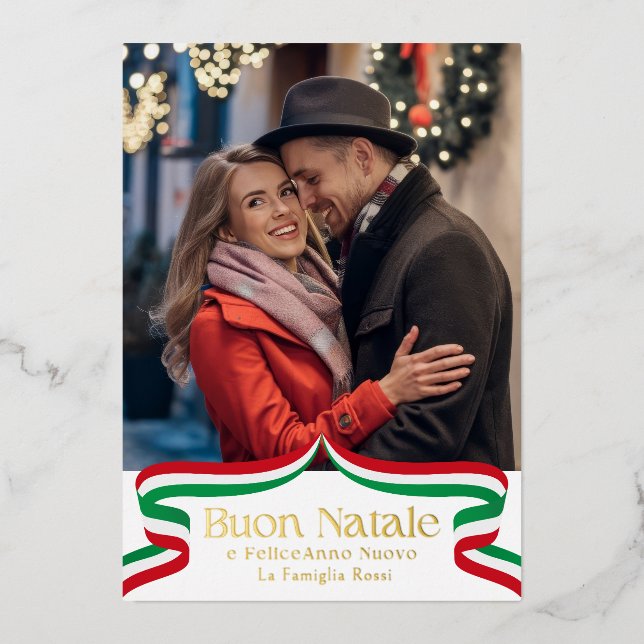 Carte De Vœux En Aluminium Buon Natale Italien Rouge Vert Ribbon Photo (Recto)