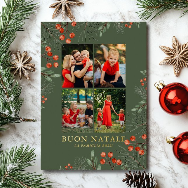 Carte De Vœux En Aluminium Buon Natale Photo Collage Aquarelle Floral (Créateur téléchargé)