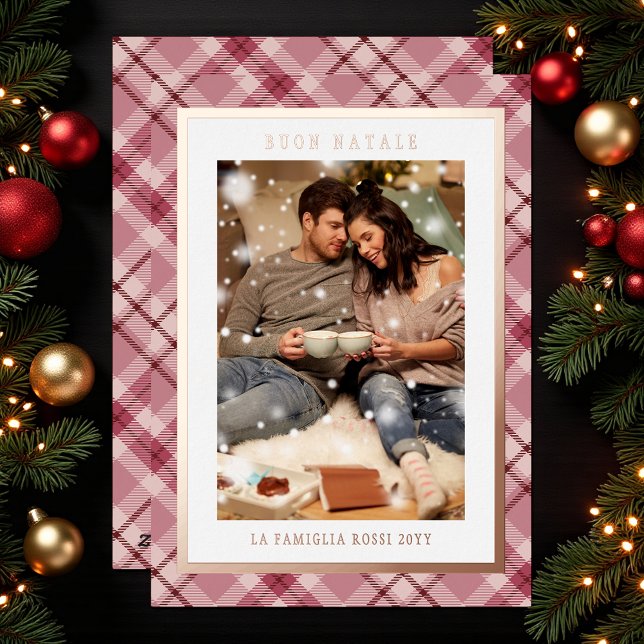 Carte De Vœux En Aluminium Buon Natale Pink Plaid Tartan Photo (Créateur téléchargé)