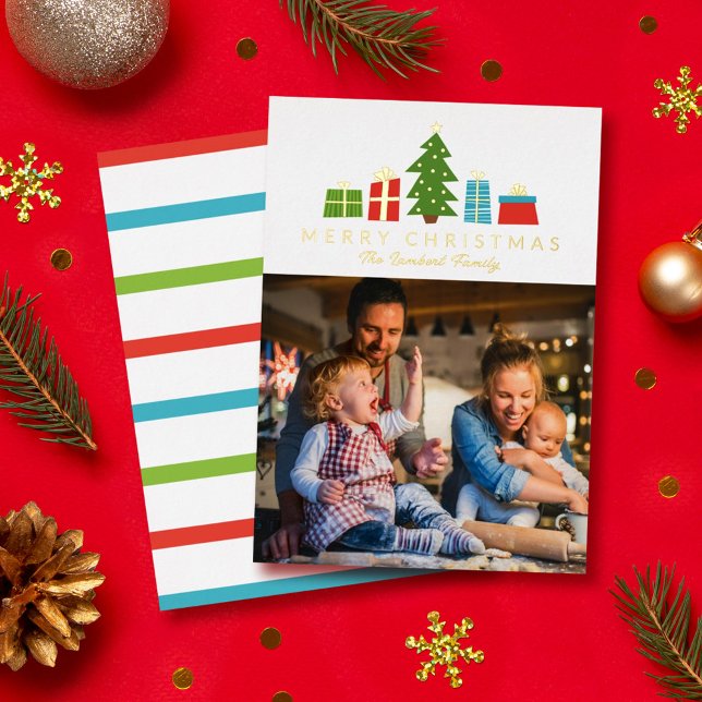 Carte De Vœux En Aluminium Cadeaux d'arbre Whimsical Gold Joyeux Noël Photo (Créateur téléchargé)