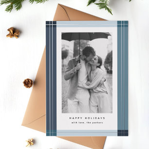 Carte De Vœux En Aluminium Cadre bleu moderne Plaid Photo de Noël