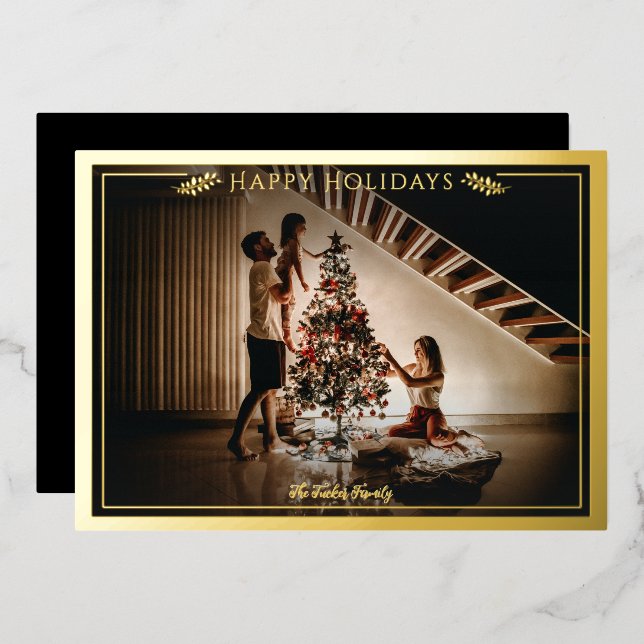 Carte De Vœux En Aluminium Cadre moderne Happy Holidays Photo Black Gold (Recto/Verso)