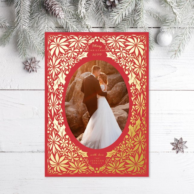 Carte De Vœux En Aluminium Cadre photo ovale rouge Poinsettia délicat (Créateur téléchargé)