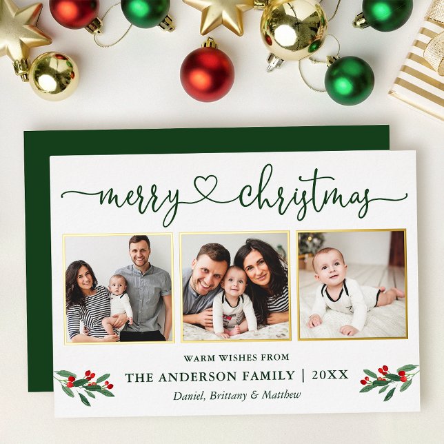 Carte De Vœux En Aluminium Calligraphie Coeur 3 Photo Noël Holly Gold (Gold Foil Frame Christmas Card)