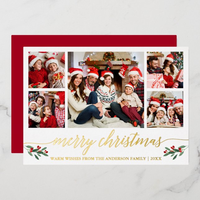 Carte De Vœux En Aluminium Calligraphie Joyeux Noël 5 Photo Red Gold (Recto/Verso)