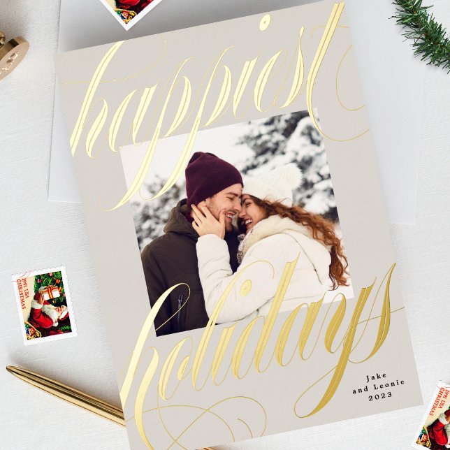 Carte De Vœux En Aluminium calligraphie joyeux noël une photo beige (Créateur téléchargé)