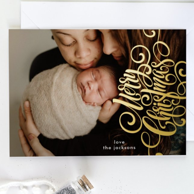 Carte De Vœux En Aluminium Calligraphie latérale Joyeux Noël Gold Photo (Créateur téléchargé)