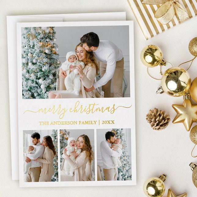 Carte De Vœux En Aluminium Calligraphie moderne 4 Photo Noël Or (Gold Foil 4 Photo Christmas Card)