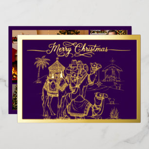 Carte De Vœux En Aluminium Camels, Manger, Joyeux Noël en violet, or