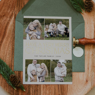 Carte De Vœux En Aluminium CHARLIE Gold Foil Famille Multi Photo Noël