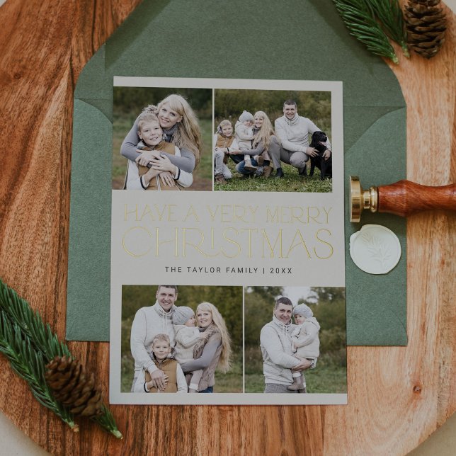 Carte De Vœux En Aluminium CHARLIE Gold Foil Famille Multi Photo Noël (CHARLIE Gold Foil Family Multi Photo Christmas Foil Holiday Card)