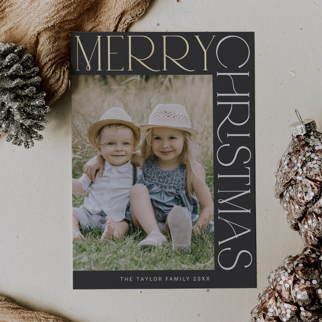 Carte De Vœux En Aluminium CHARLIE Gray Gold Fun Photo Joyeux Noël (CHARLIE Gray Gold Foil Fun Photo Merry Christmas Foil Holiday Card)