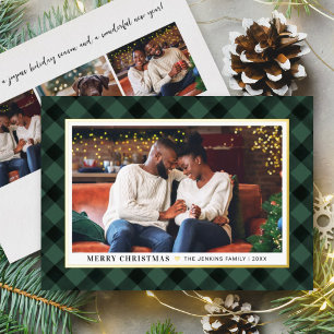 Carte De Vœux En Aluminium Chasseur moderne Buffle vert Plaid Photo de Noël