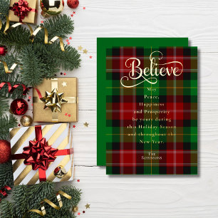 Carte De Vœux En Aluminium Chic Believe Green & Red Christmas Scottish Tartan