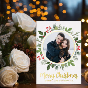 Carte De Vœux En Aluminium Chic Merry Christmas Wreath Photo Gold