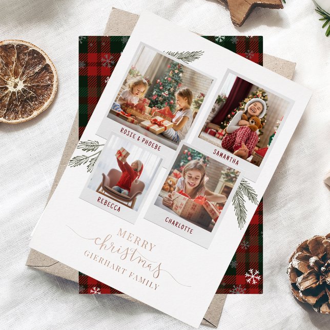 Carte De Vœux En Aluminium Christmas Photo Collage Rustique Plaid Rose Gold (Plaid Multi Photo Family Christmas Snow Rose Gold Foil Greetings)