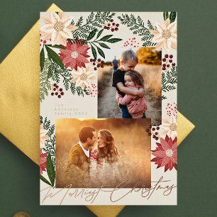 Carte De Vœux En Aluminium Christmas Poinsettia Photo Collage Rose Or