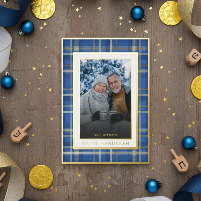 Carte De Vœux En Aluminium Classic Blue Gold Plaid Happy Hanoukka Photo (Créateur téléchargé)