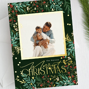 Carte De Vœux En Aluminium Classic Green Christmas One Photo Gold Botanique