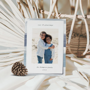 Carte De Vœux En Aluminium Coastal Stripe Border   Christmas Photo Silver