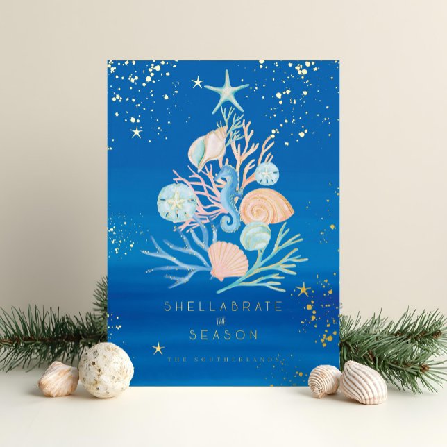 Carte De Vœux En Aluminium Coastère Ocean Beach Seashell Christmas Tree (Coastal Ocean Beach Seashell Christmas Tree Foil Holiday Card)