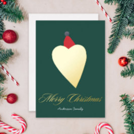 Carte De Vœux En Aluminium Coeur d'or de fête avec Casquette de Noël vert