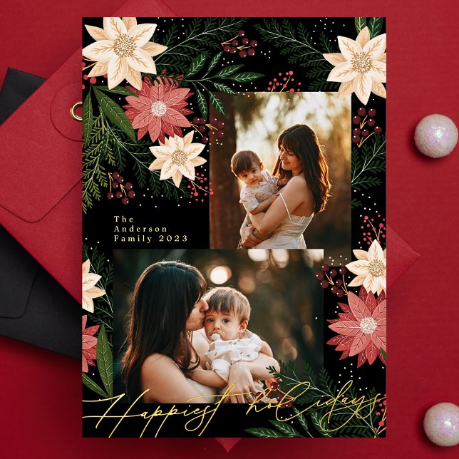 Carte De Vœux En Aluminium Collage photo de Christmas Poinsettia Splendor (Créateur téléchargé)