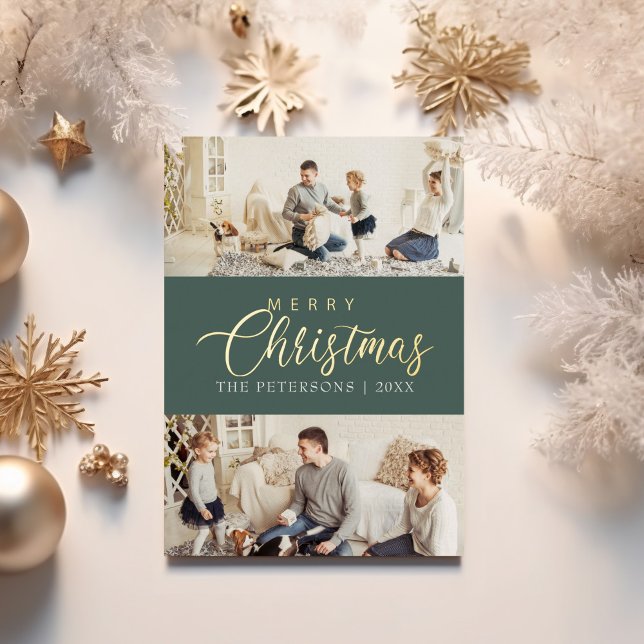 Carte De Vœux En Aluminium Collage photo moderne élégant Salutation de Noël (Modern Elegant Photo Collage Christmas Greeting Foil Holiday Card on a table with golden decor.)