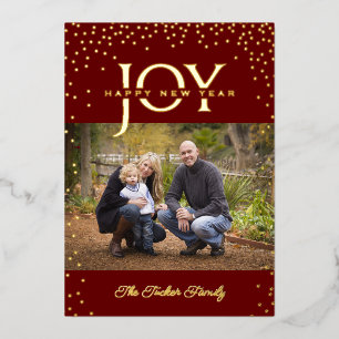 Carte De Vœux En Aluminium Confettis dorés JOY Rouge foncé Bonne Année Photo